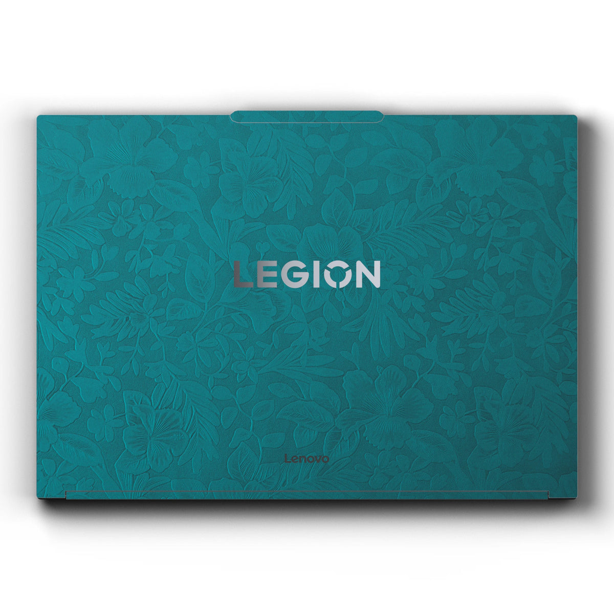Dwantran Hibiscus Lenovo laptop skin in Tropical Teal, showing a top view of the laptop lid on a white background.