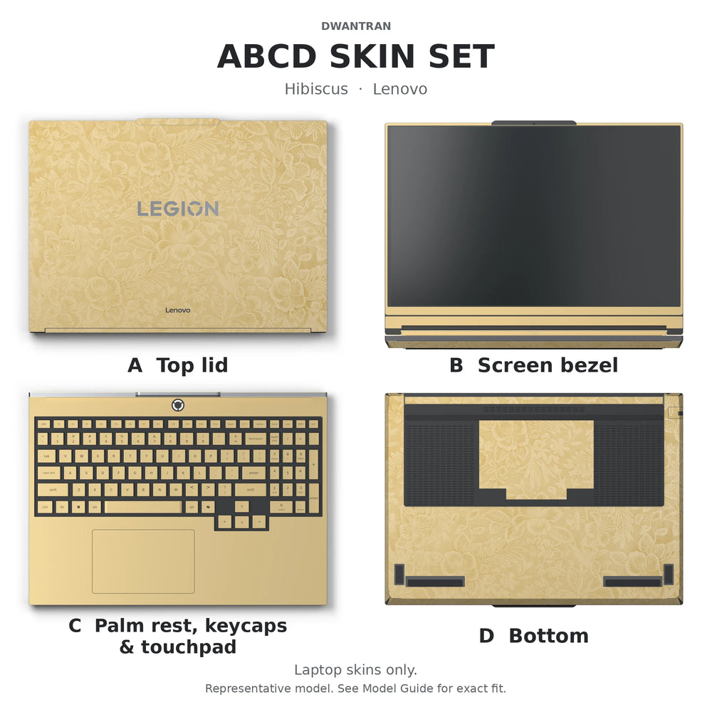 Dwantran Hibiscus Lenovo laptop skin in Vintage Gold, showing coverage for the laptop lid, screen bezel, keyboard area, and underside (A+B+C+D) on a white background.