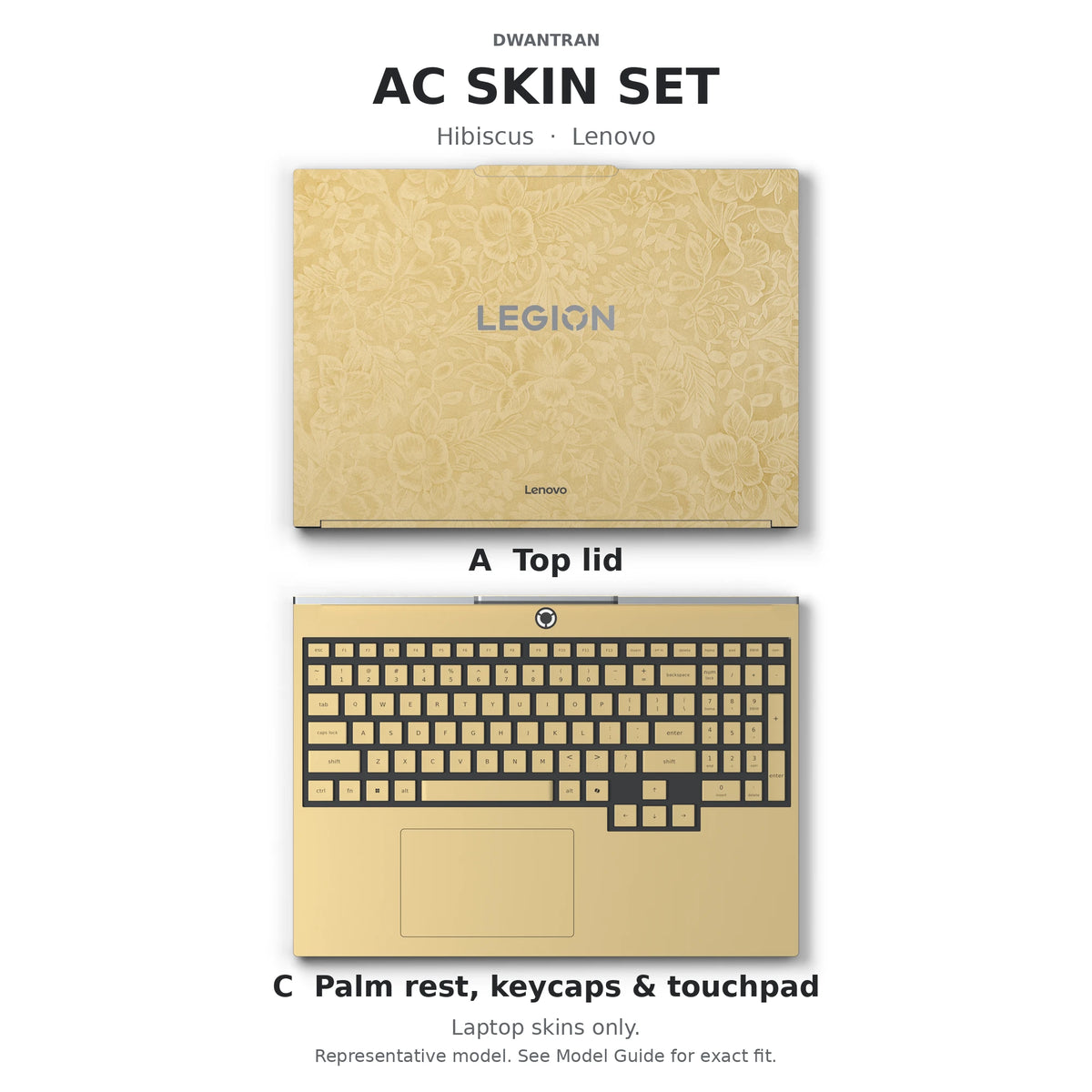 Dwantran Hibiscus Lenovo laptop skin in Vintage Gold, showing coverage for the laptop lid and keyboard area (A+C) on a white background.