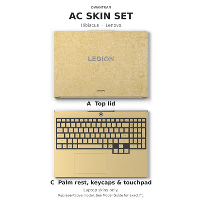 Dwantran Hibiscus Lenovo laptop skin in Vintage Gold, showing coverage for the laptop lid and keyboard area (A+C) on a white background.