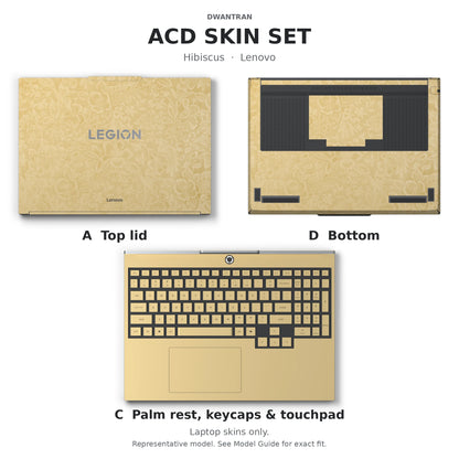 Dwantran Hibiscus Lenovo laptop skin in Vintage Gold, showing coverage for the laptop lid, keyboard area, and underside (A+C+D) on a white background.