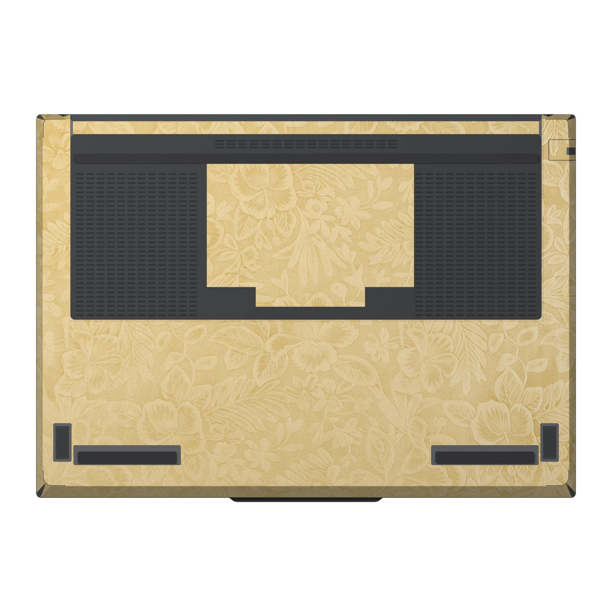 Dwantran Hibiscus Lenovo laptop skin in Vintage Gold, showing a bottom view of the laptop on a white background.