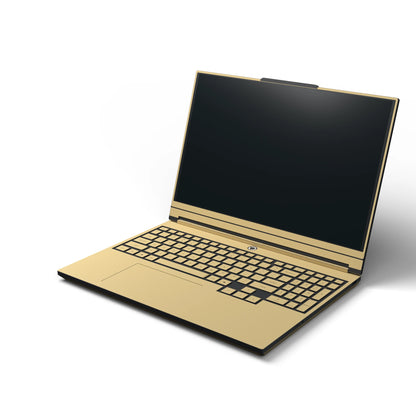 Dwantran Hibiscus Lenovo laptop skin in Vintage Gold, showing an oblique view of the keyboard area on a white background.