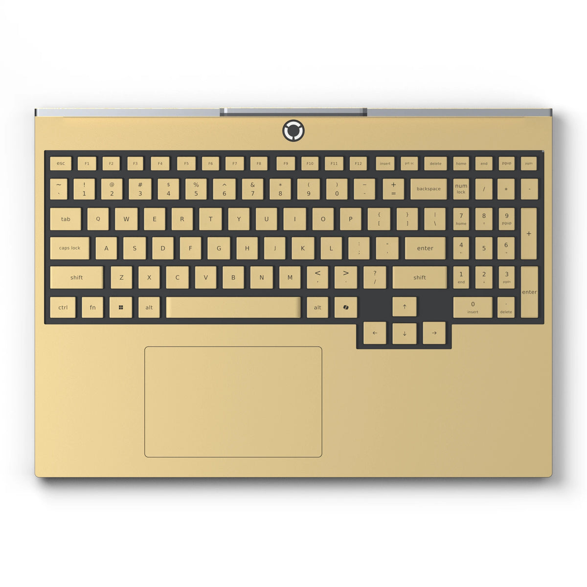 Dwantran Hibiscus Lenovo laptop skin in Vintage Gold, showing a top view of the keyboard area on a white background.
