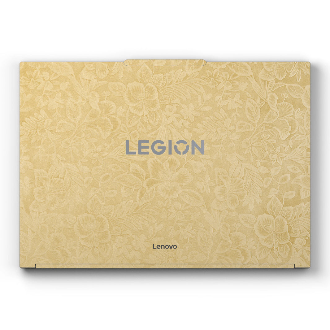 Dwantran Hibiscus Lenovo laptop skin in Vintage Gold, showing a top view of the laptop lid on a white background.