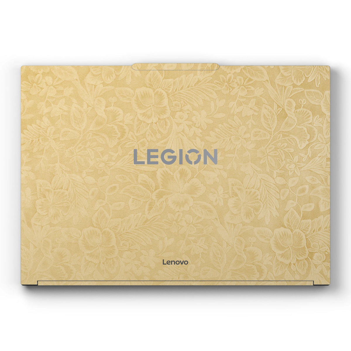 Dwantran Hibiscus Lenovo laptop skin in Vintage Gold, showing a top view of the laptop lid on a white background.