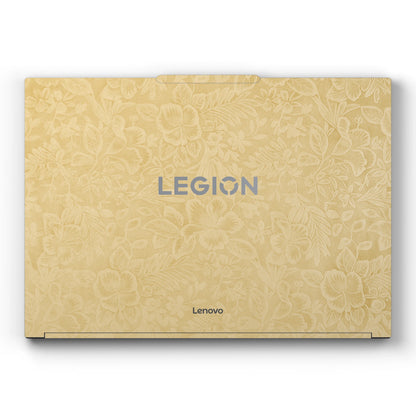 Dwantran Hibiscus Lenovo laptop skin in Vintage Gold, showing a top view of the laptop lid on a white background.