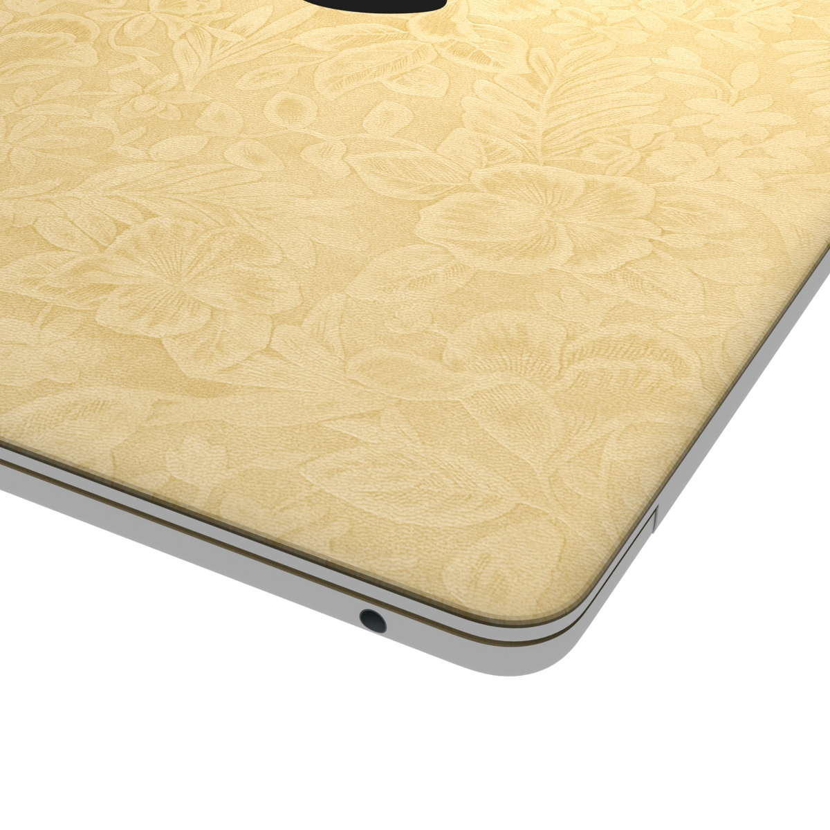 Vintage Gold Hibiscus Embossed Synthetic Leather MacBook Skin: top-lid (A) corner material detail. Rendered on MacBook Air as a shared material and colour reference; not an image of every supported model. Exact fit and included pieces follow the selected options. Laptop not included.