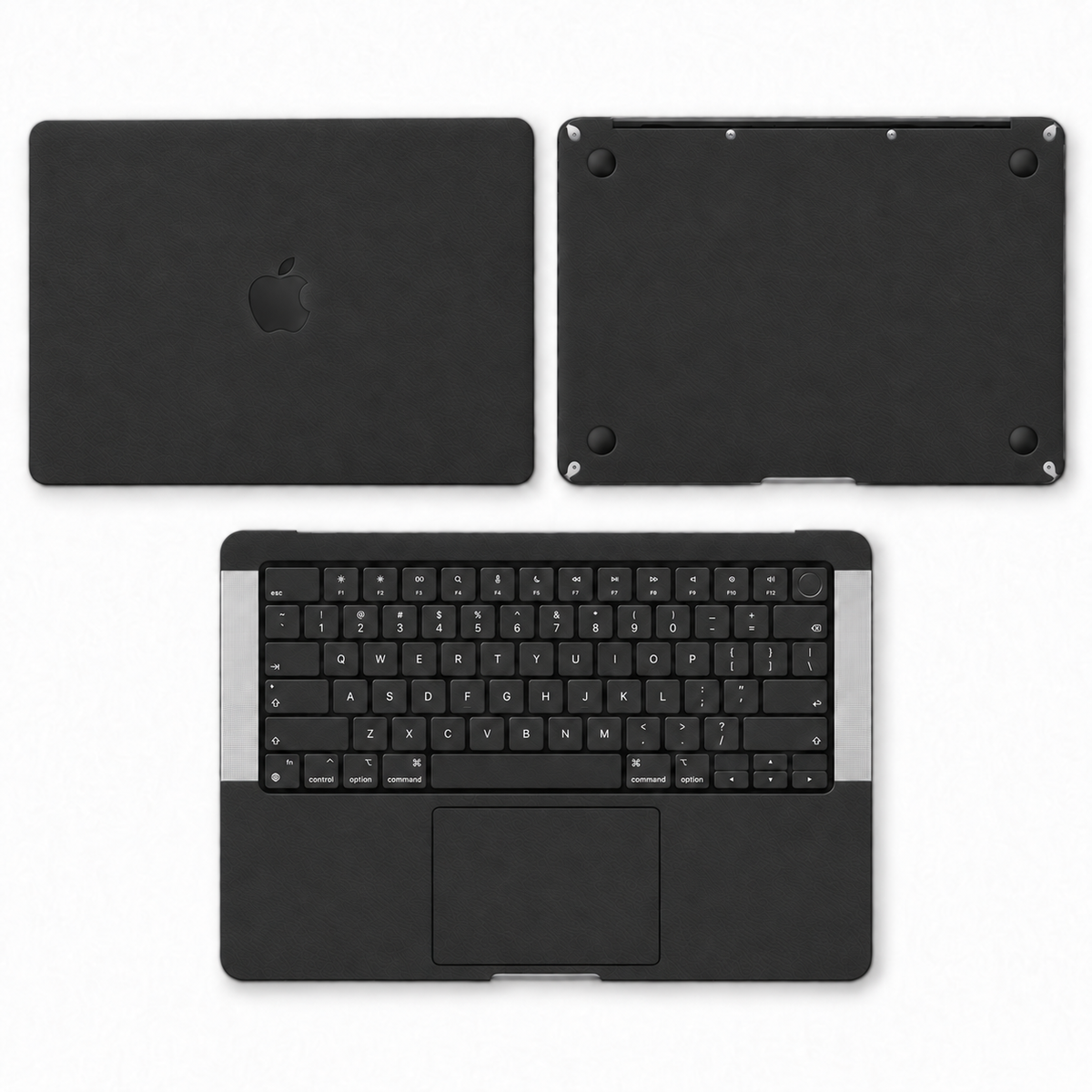 Black plain-colour MacBook skin coverage illustration: top lid, inside, keycap stickers and bottom. Cut layout varies by model.