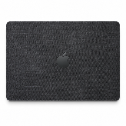 Black cotton denim fabric MacBook top lid coverage illustration; cut layout varies by model.