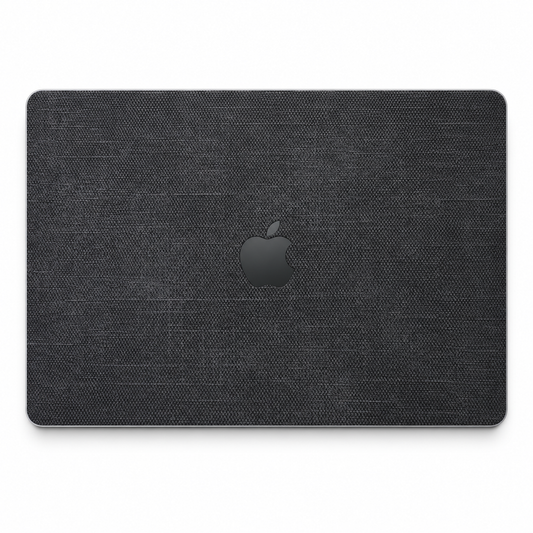 Black cotton denim fabric MacBook top lid coverage illustration; cut layout varies by model.