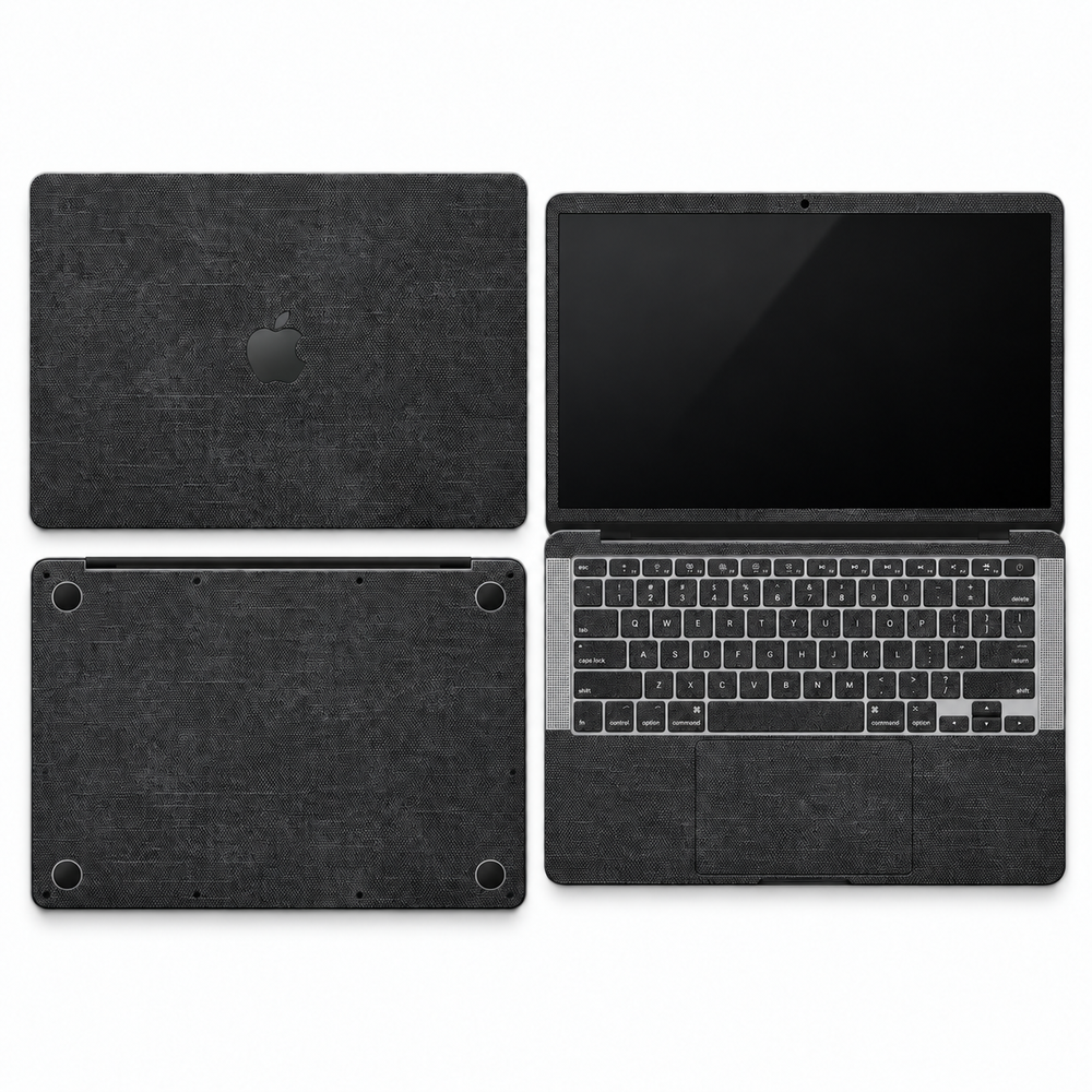 Black cotton denim fabric MacBook skin coverage illustration: top lid, screen edge, inside and bottom, with matching keycap stickers.