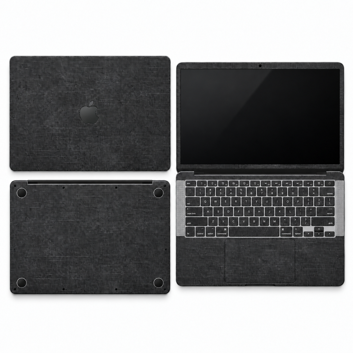 Black cotton denim fabric MacBook skin coverage illustration: top lid, screen edge, inside and bottom, with matching keycap stickers.