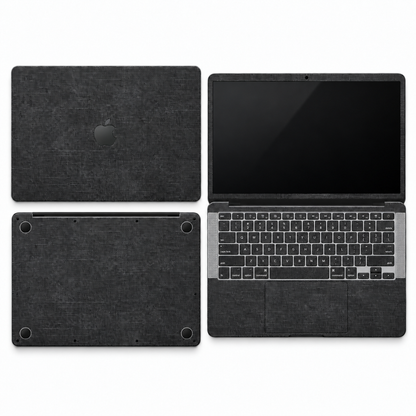 Black cotton denim fabric MacBook skin coverage illustration: top lid, screen edge, inside and bottom, with matching keycap stickers.