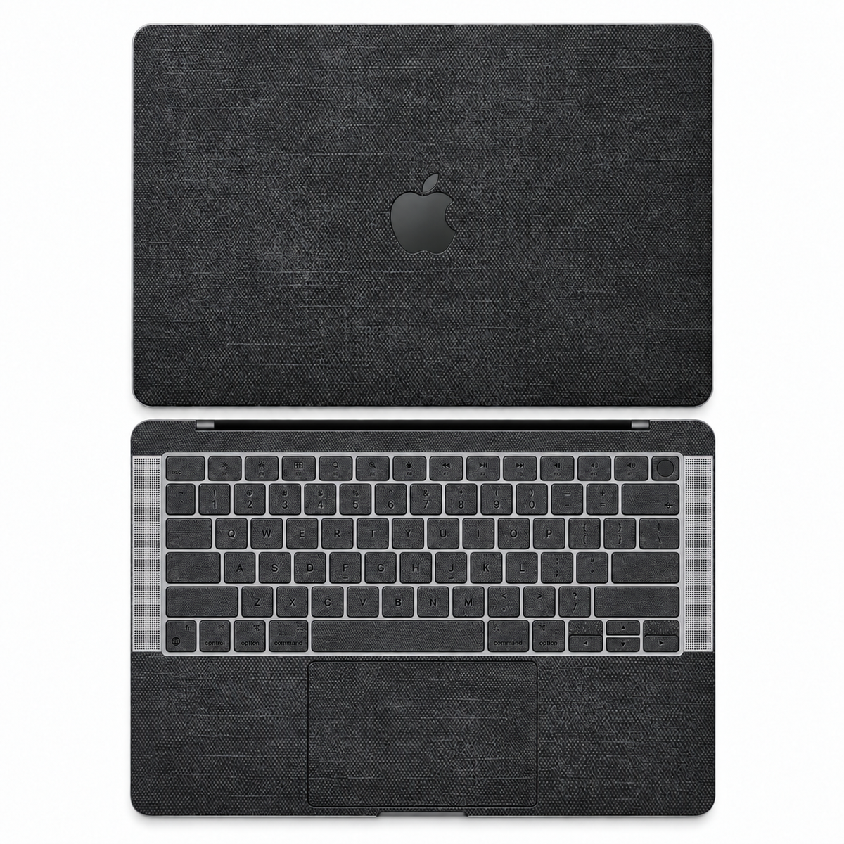 Black cotton denim fabric MacBook skin coverage illustration: top lid and inside, with matching keycap stickers.