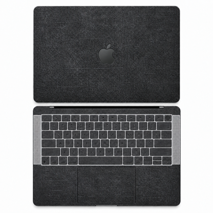 Black cotton denim fabric MacBook skin coverage illustration: top lid and inside, with matching keycap stickers.