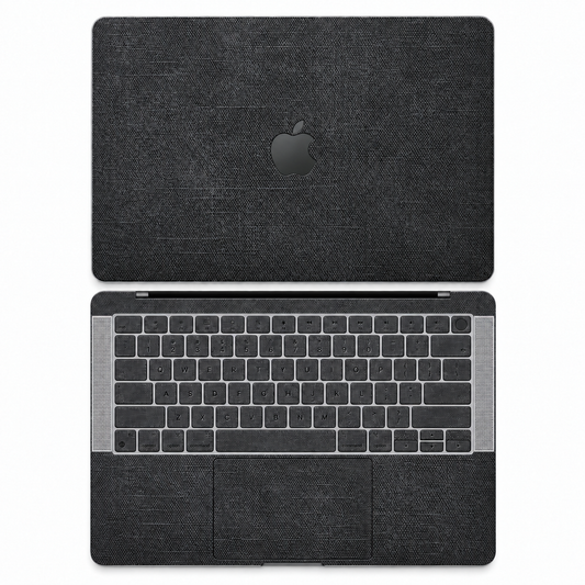 Black cotton denim fabric MacBook skin coverage illustration: top lid and inside, with matching keycap stickers.