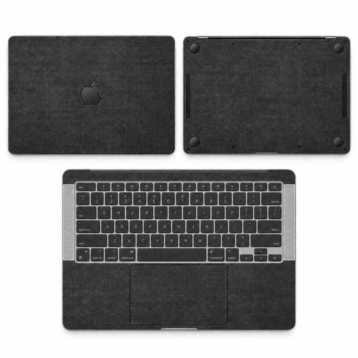 Black cotton denim fabric MacBook skin coverage illustration: top lid, inside and bottom, with matching keycap stickers.