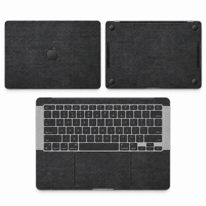 Black cotton denim fabric MacBook skin coverage illustration: top lid, inside and bottom, with matching keycap stickers.