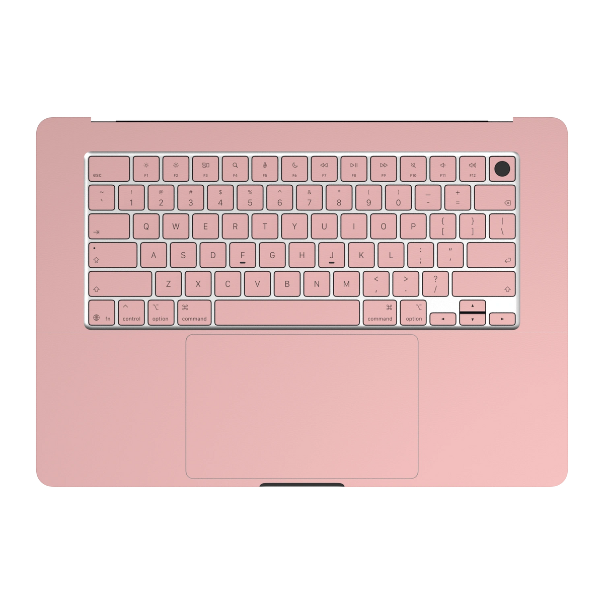 Blush Pink Hibiscus. Plain C palmrest and keyboard interior illustration. Rendered on MacBook Air 15.3-inch M3–M5; actual cutouts and supplied pieces follow the selected MacBook model and coverage.