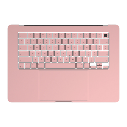 Blush Pink Hibiscus. Plain C palmrest and keyboard interior illustration. Rendered on MacBook Air 15.3-inch M3–M5; actual cutouts and supplied pieces follow the selected MacBook model and coverage.