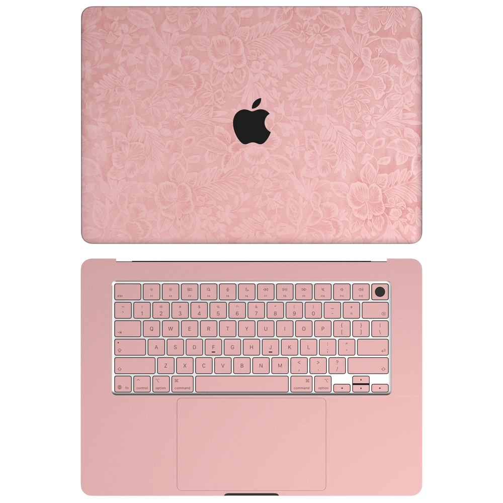 Blush Pink Hibiscus. AC package illustration: A lid plus C interior and keycaps; no B or D. Rendered on MacBook Air 15.3-inch M3–M5; actual cutouts and supplied pieces follow the selected MacBook model and coverage.