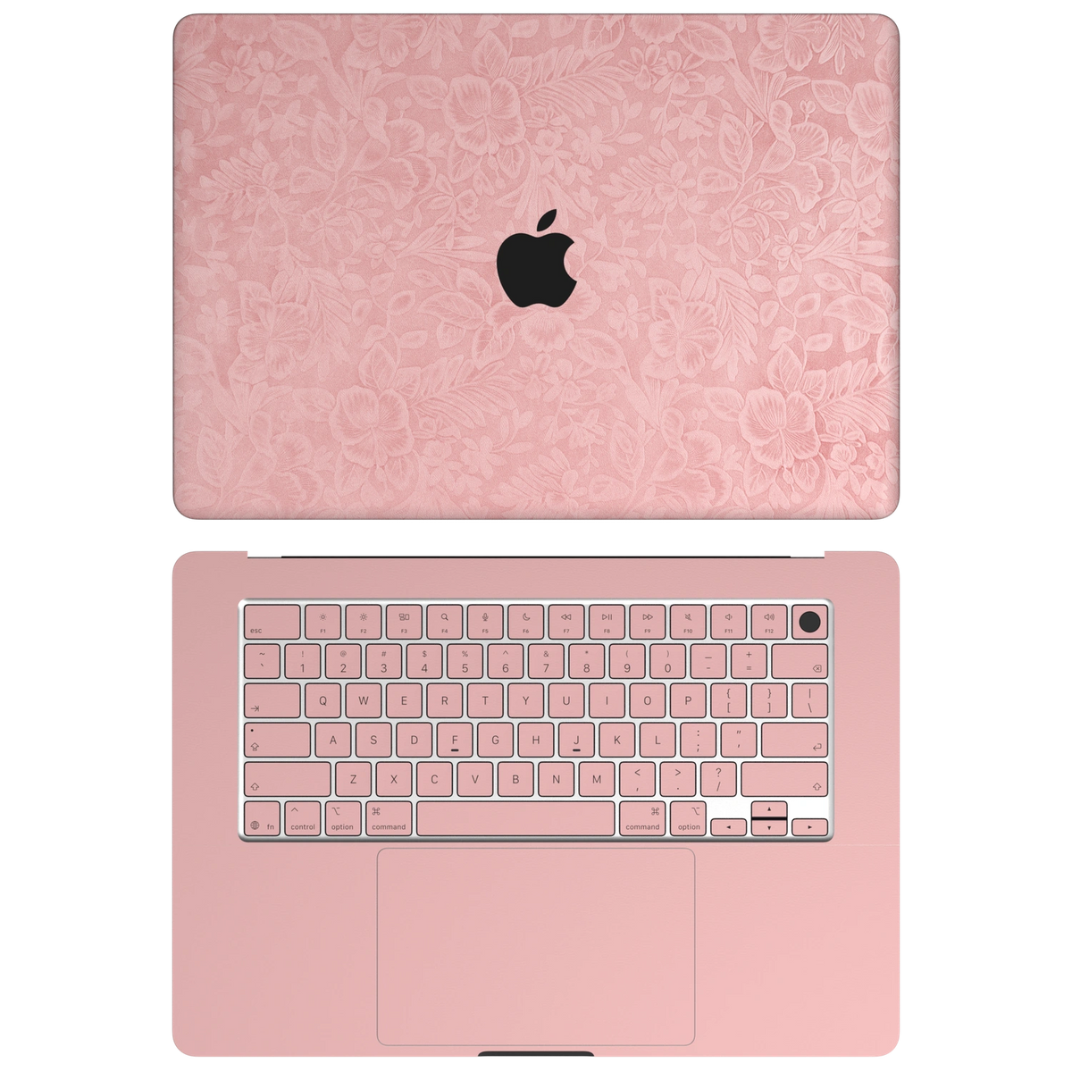 Blush Pink Hibiscus. AC package illustration: A lid plus C interior and keycaps; no B or D. Rendered on MacBook Air 15.3-inch M3–M5; actual cutouts and supplied pieces follow the selected MacBook model and coverage.
