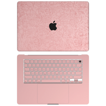 Blush Pink Hibiscus. AC package illustration: A lid plus C interior and keycaps; no B or D. Rendered on MacBook Air 15.3-inch M3–M5; actual cutouts and supplied pieces follow the selected MacBook model and coverage.