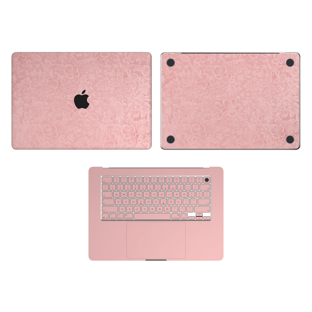 Blush Pink Hibiscus. ACD package illustration: A lid, C interior, keycaps and D bottom; no B. Rendered on MacBook Air 15.3-inch M3–M5; actual cutouts and supplied pieces follow the selected MacBook model and coverage.