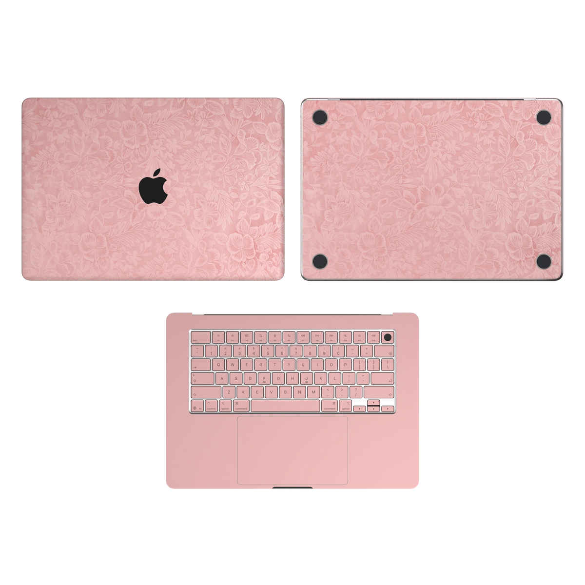 Blush Pink Hibiscus. ACD package illustration: A lid, C interior, keycaps and D bottom; no B. Rendered on MacBook Air 15.3-inch M3–M5; actual cutouts and supplied pieces follow the selected MacBook model and coverage.