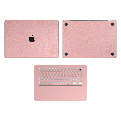 Blush Pink Hibiscus. ACD package illustration: A lid, C interior, keycaps and D bottom; no B. Rendered on MacBook Air 15.3-inch M3–M5; actual cutouts and supplied pieces follow the selected MacBook model and coverage.