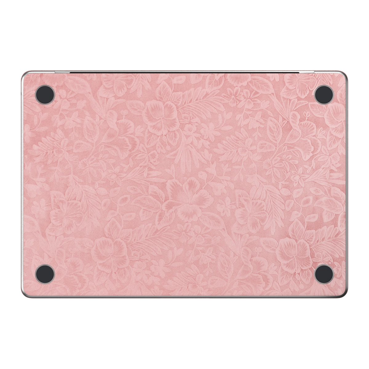Blush Pink Hibiscus. Embossed D bottom material illustration. Rendered on MacBook Air 15.3-inch M3–M5; actual cutouts and supplied pieces follow the selected MacBook model and coverage.