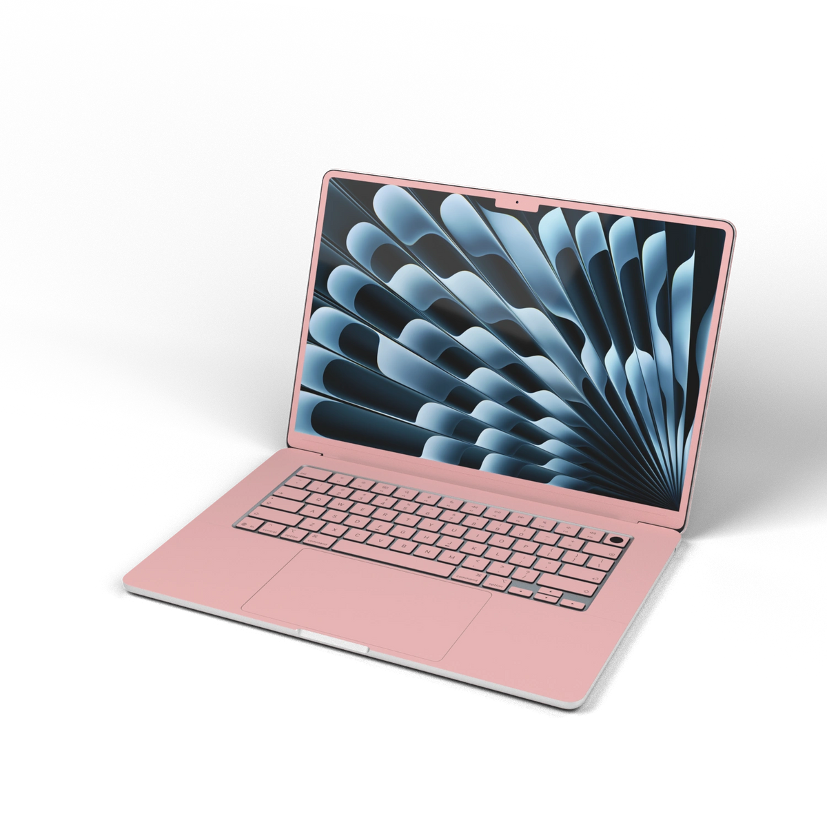 Blush Pink Hibiscus. Front installation illustration with an illustrative screen-edge finish. Rendered on MacBook Air 15.3-inch M3–M5; actual cutouts and supplied pieces follow the selected MacBook model and coverage.