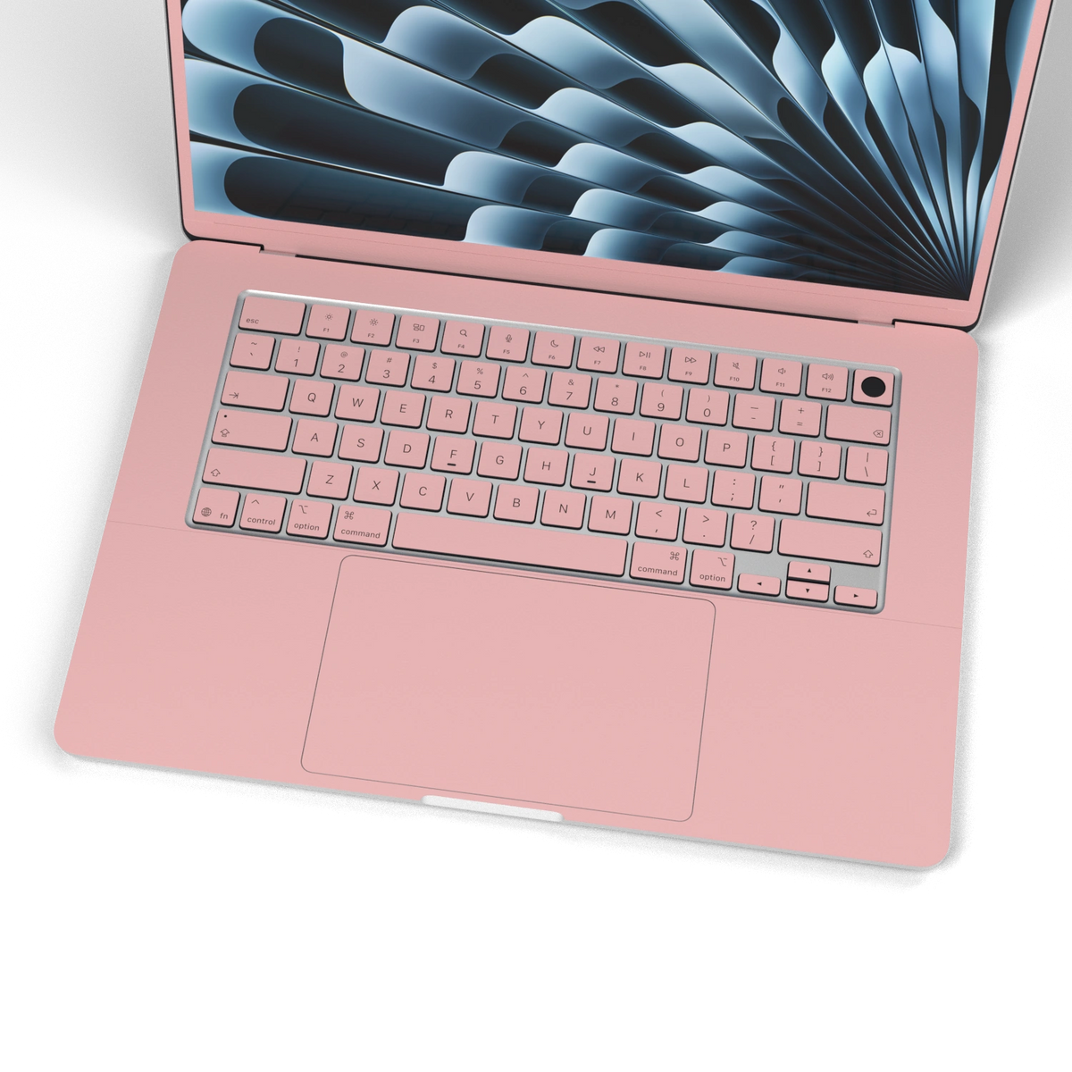 Blush Pink Hibiscus. Keyboard and matching keycap detail illustration. Rendered on MacBook Air 15.3-inch M3–M5; actual cutouts and supplied pieces follow the selected MacBook model and coverage.