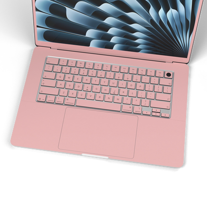 Blush Pink Hibiscus. Keyboard and matching keycap detail illustration. Rendered on MacBook Air 15.3-inch M3–M5; actual cutouts and supplied pieces follow the selected MacBook model and coverage.