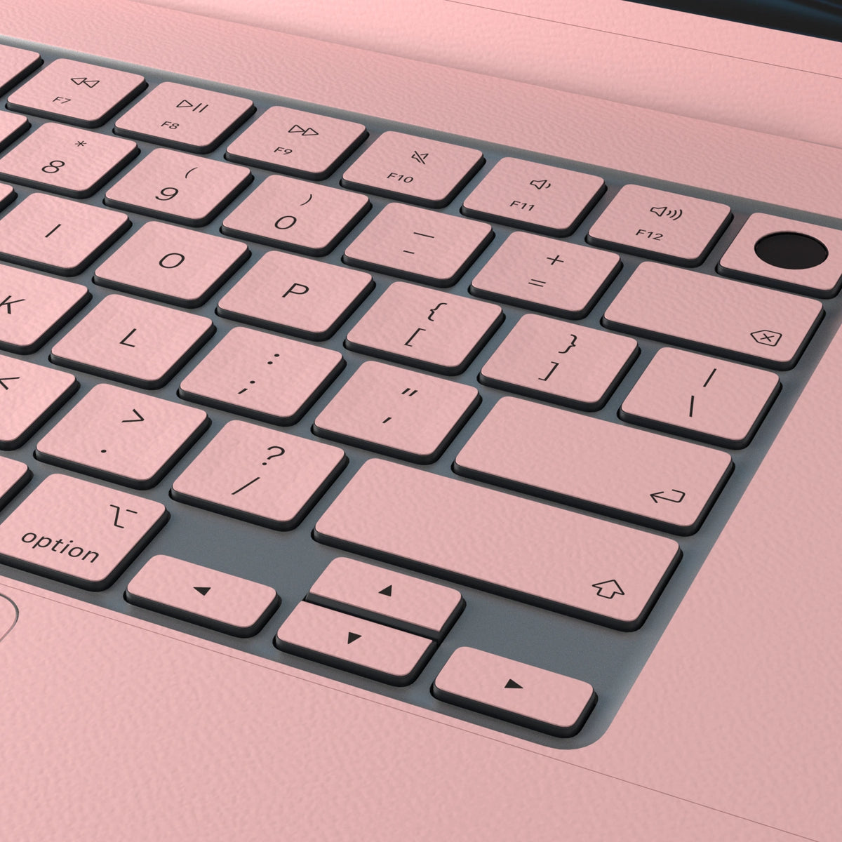Blush Pink Hibiscus. Full-frame material and keyboard close-up. Rendered on MacBook Air 15.3-inch M3–M5; actual cutouts and supplied pieces follow the selected MacBook model and coverage.