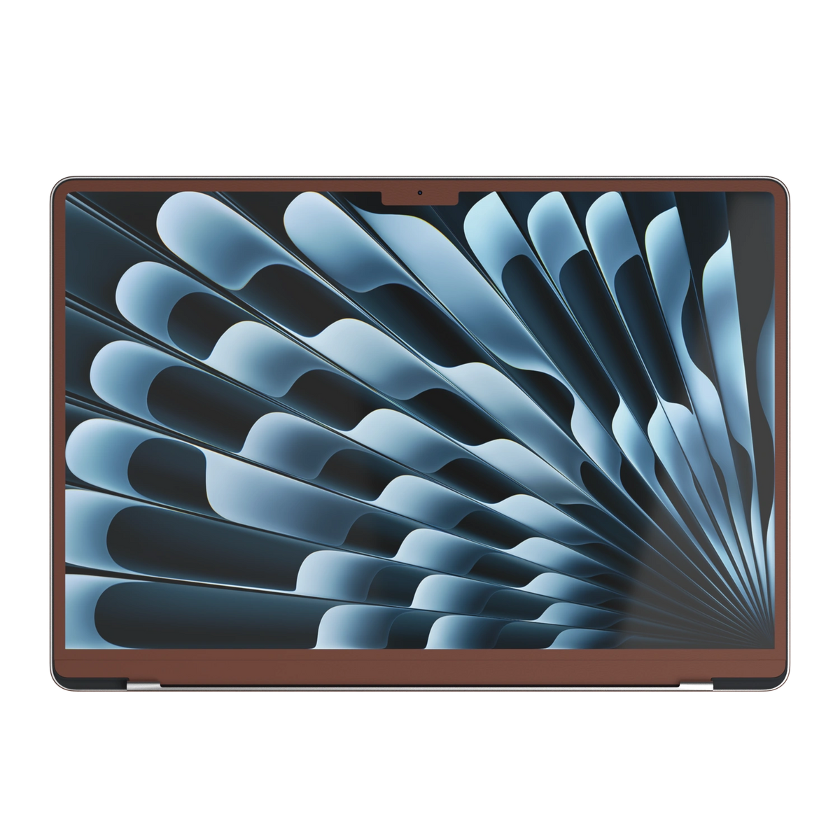Classic Brown Hibiscus synthetic leather: Screen-edge (B) material illustration; this does not establish B availability for Air M3-M5. Rendered on Air 15.3-inch M3-M5 as shared Air/Pro/Neo material reference; exact cutouts follow selected model.