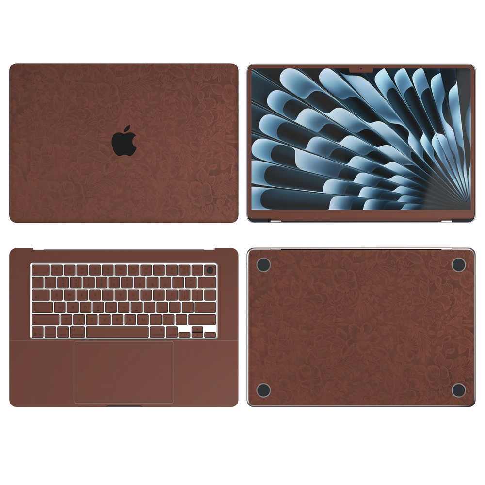 Classic Brown Hibiscus synthetic leather: Top Inside Bottom & Screen edge coverage illustration (A+B+C+D). The Air 13.6/15 M3-M5 ABCD variants remain unavailable. Rendered on Air 15.3-inch M3-M5 as shared Air/Pro/Neo material reference; exact cutouts follow selected model.