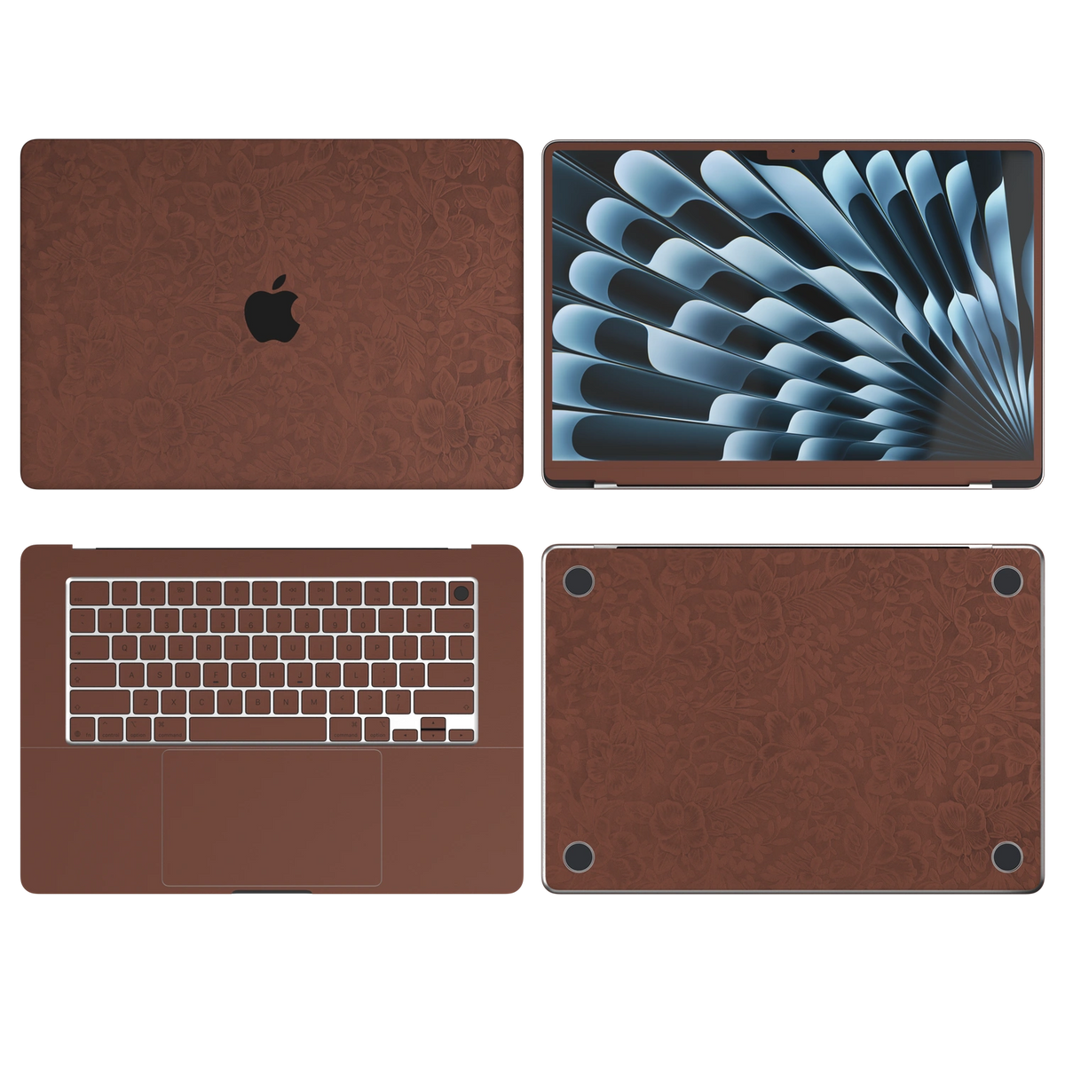 Classic Brown Hibiscus synthetic leather: Top Inside Bottom & Screen edge coverage illustration (A+B+C+D). The Air 13.6/15 M3-M5 ABCD variants remain unavailable. Rendered on Air 15.3-inch M3-M5 as shared Air/Pro/Neo material reference; exact cutouts follow selected model.