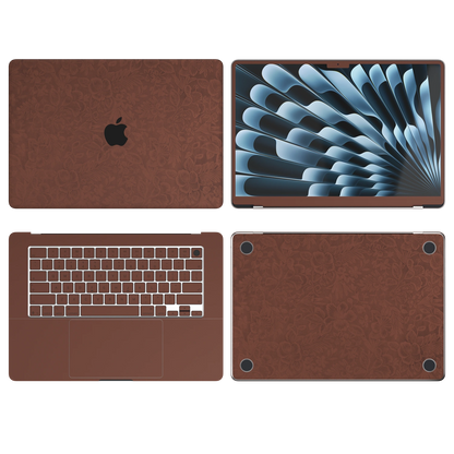 Classic Brown Hibiscus synthetic leather: Top Inside Bottom & Screen edge coverage illustration (A+B+C+D). The Air 13.6/15 M3-M5 ABCD variants remain unavailable. Rendered on Air 15.3-inch M3-M5 as shared Air/Pro/Neo material reference; exact cutouts follow selected model.