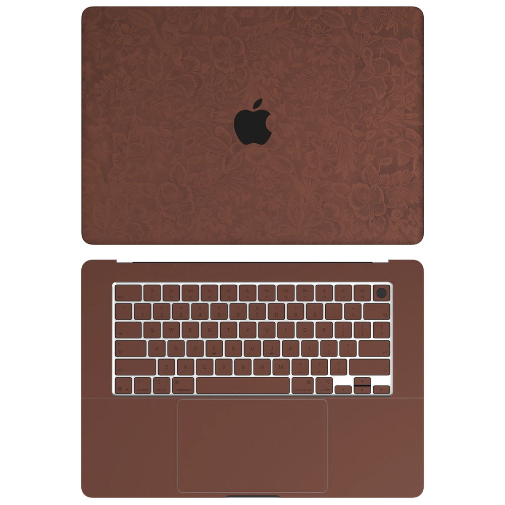 Classic Brown Hibiscus synthetic leather: Top+Inside coverage guide: embossed top lid (A), plain inside (C) and keycap stickers. No bottom (D) or screen-edge (B) pieces. Rendered on Air 15.3-inch M3-M5 as shared Air/Pro/Neo material reference; exact cutouts follow selected model.