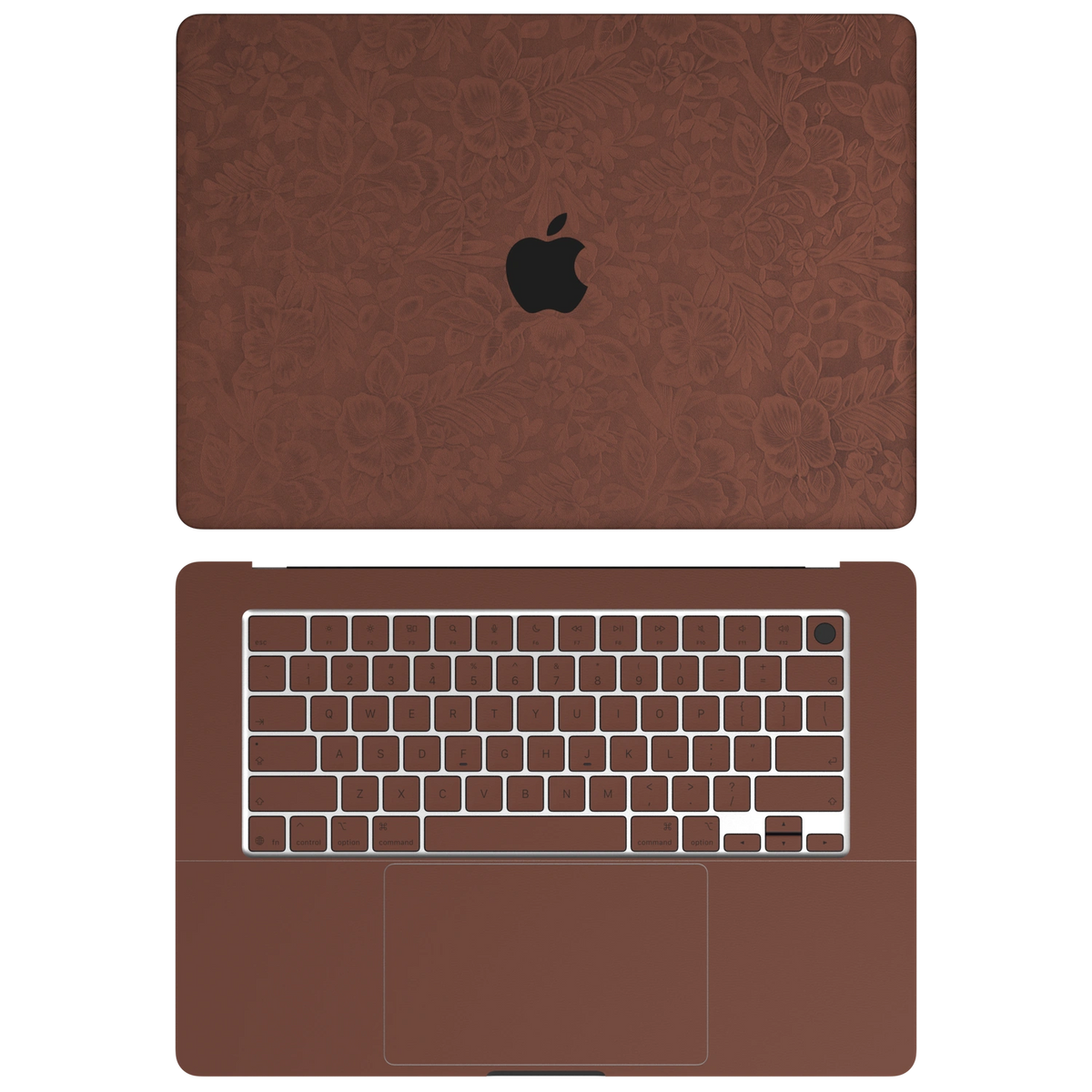 Classic Brown Hibiscus synthetic leather: Top+Inside coverage guide: embossed top lid (A), plain inside (C) and keycap stickers. No bottom (D) or screen-edge (B) pieces. Rendered on Air 15.3-inch M3-M5 as shared Air/Pro/Neo material reference; exact cutouts follow selected model.