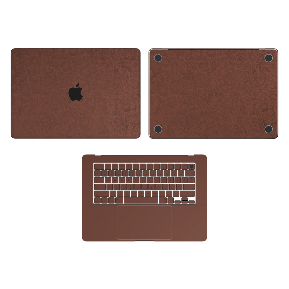 Classic Brown Hibiscus synthetic leather: Top Inside & Bottom Wraps coverage guide: embossed top lid (A) and bottom (D), plain inside (C) and keycap stickers. No screen-edge (B) pieces. Rendered on Air 15.3-inch M3-M5 as shared Air/Pro/Neo material reference; exact cutouts follow selected model.