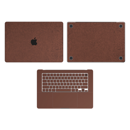 Classic Brown Hibiscus synthetic leather: Top Inside & Bottom Wraps coverage guide: embossed top lid (A) and bottom (D), plain inside (C) and keycap stickers. No screen-edge (B) pieces. Rendered on Air 15.3-inch M3-M5 as shared Air/Pro/Neo material reference; exact cutouts follow selected model.