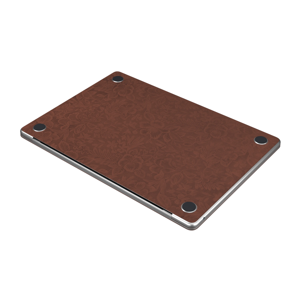 Classic Brown Hibiscus synthetic leather: Bottom (D) angle and texture detail; bottom included only with bottom coverage. Rendered on Air 15.3-inch M3-M5 as shared Air/Pro/Neo material reference; exact cutouts follow selected model.
