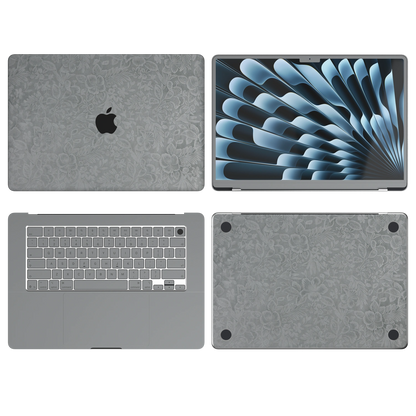 Classic Gray Hibiscus synthetic leather: Top Inside Bottom & Screen edge coverage illustration (A+B+C+D). The Air 13.6/15 M3-M5 ABCD variants remain unavailable. Rendered on Air 15.3-inch M3-M5 as shared Air/Pro/Neo material reference; exact cutouts follow selected model.