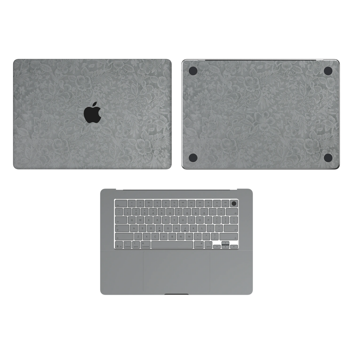 Classic Gray Hibiscus synthetic leather: Top Inside & Bottom Wraps coverage guide: embossed top lid (A) and bottom (D), plain inside (C) and keycap stickers. No screen-edge (B) pieces. Rendered on Air 15.3-inch M3-M5 as shared Air/Pro/Neo material reference; exact cutouts follow selected model.