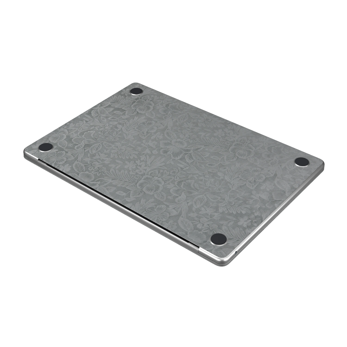 Classic Gray Hibiscus synthetic leather: Bottom (D) angle and texture detail; bottom included only with bottom coverage. Rendered on Air 15.3-inch M3-M5 as shared Air/Pro/Neo material reference; exact cutouts follow selected model.