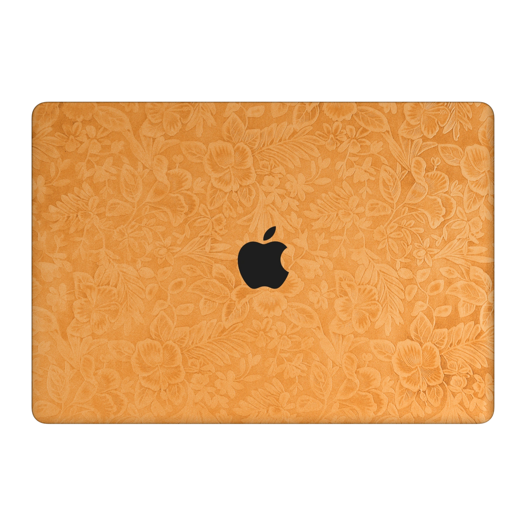 Sunny Yellow Hibiscus embossed synthetic leather material illustration on the top lid (A). Rendered on MacBook Air 15.3-inch M3-M5; actual cutouts follow the selected MacBook model.