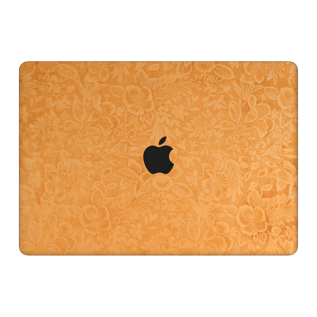Sunny Yellow Hibiscus embossed synthetic leather material illustration on the top lid (A). Rendered on MacBook Air 15.3-inch M3-M5; actual cutouts follow the selected MacBook model.